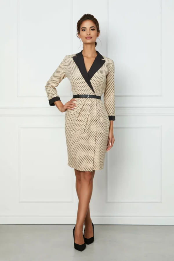 rochie eleganta office bej cu buline si rever rochie eleganta office bej cu buline si rever