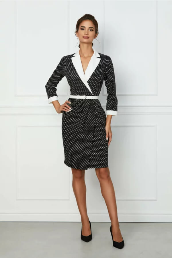 rochie neagra birou cu buline si rever rochie neagra birou cu buline si rever
