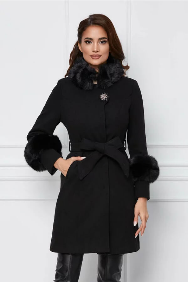 palton negru din lana cu blanita detasabila