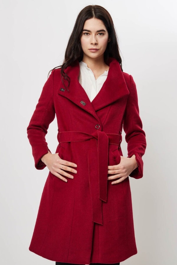 palton din lana cu cordon dama rosu