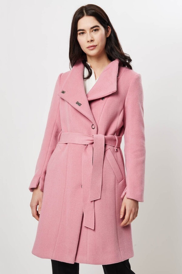 palton din lana cu cordon dama roz