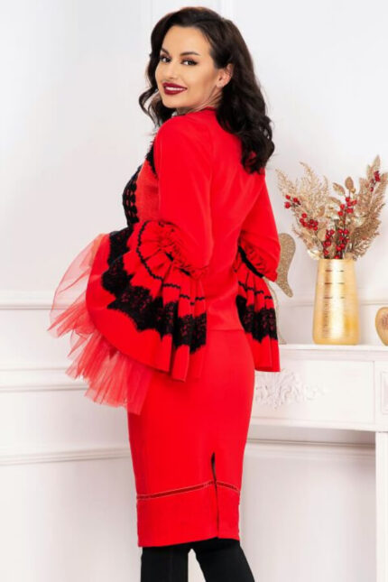 jacheta dama din lana rosie cu maneci clopot