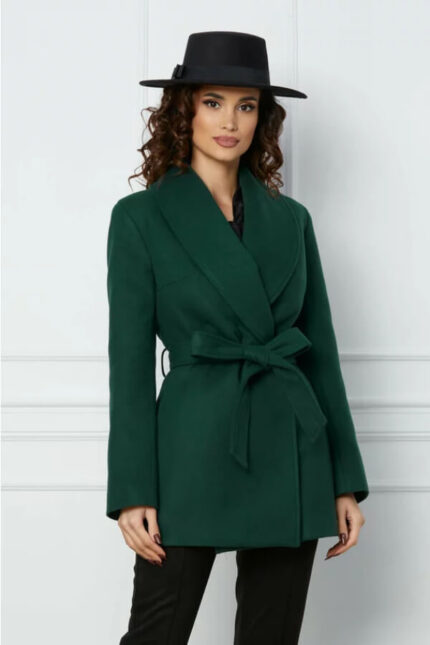 palton dama scurt verde cu cordon in talie