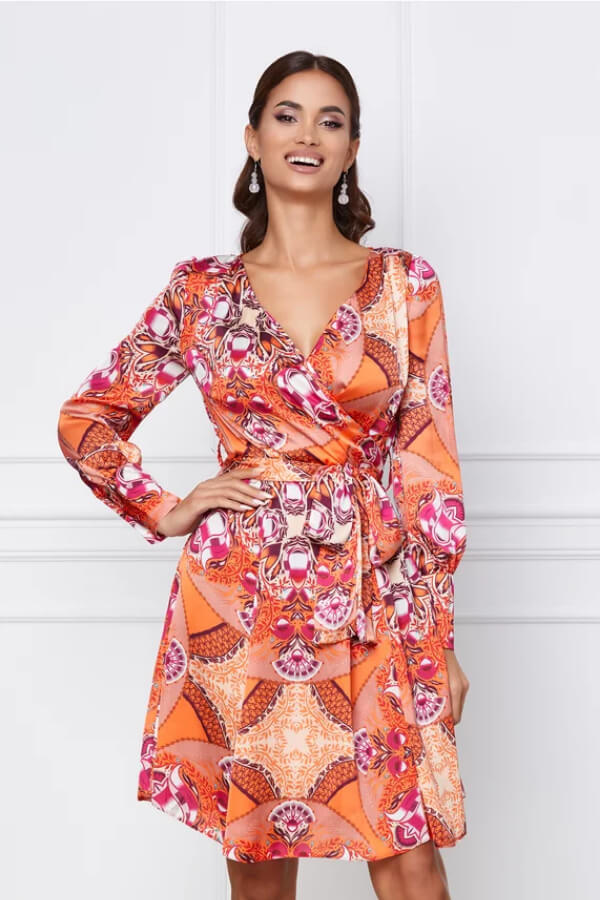rochie satin Dy Fashion orange cu imprimeuri