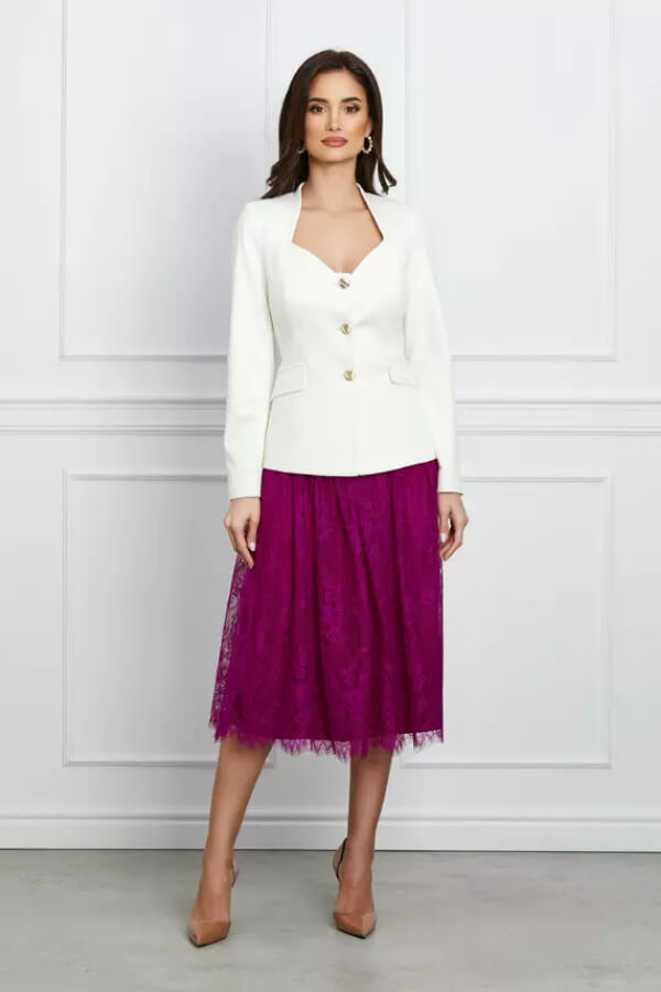 compleu elegant cu sacou alb fusta din dantela magenta compleu elegant cu sacou alb fusta din dantela magenta