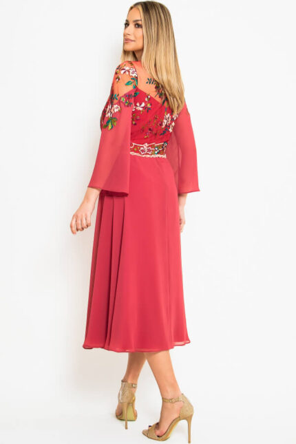 rochie de ocazie din voal rosie cu maneca trei sferturi