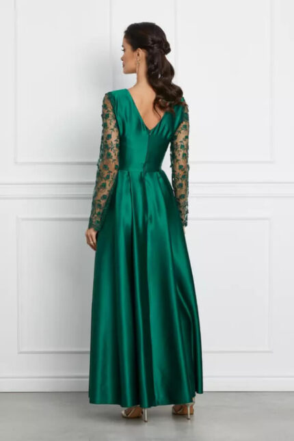rochie de lux verde satinata lunga asimetrica cu flori 3D