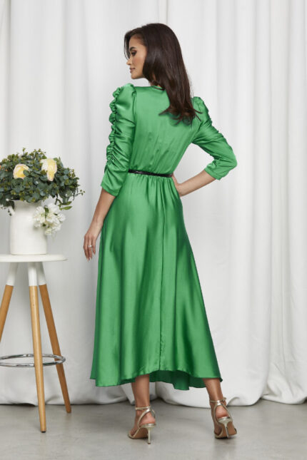rochie eleganta verde midi din satin cu maneci incretite vaporoasa
