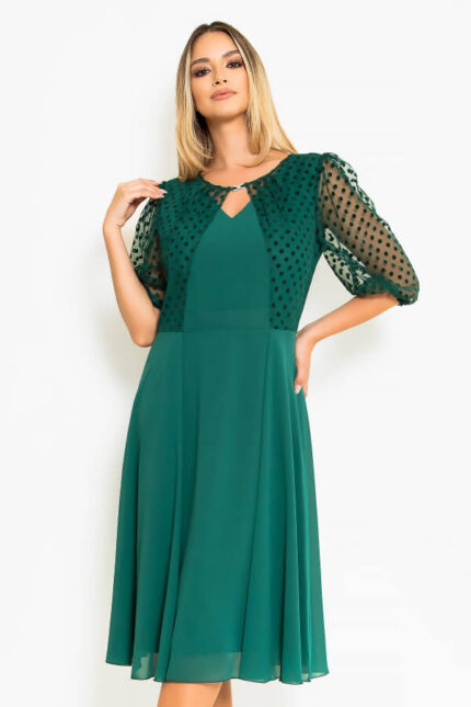 rochie verde eleganta din voal cu maneci trei sferturi midi