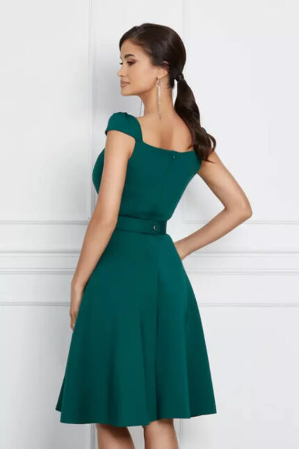 rochie eleganta verde din neopren cu aplicatie tip lant si curea in talie