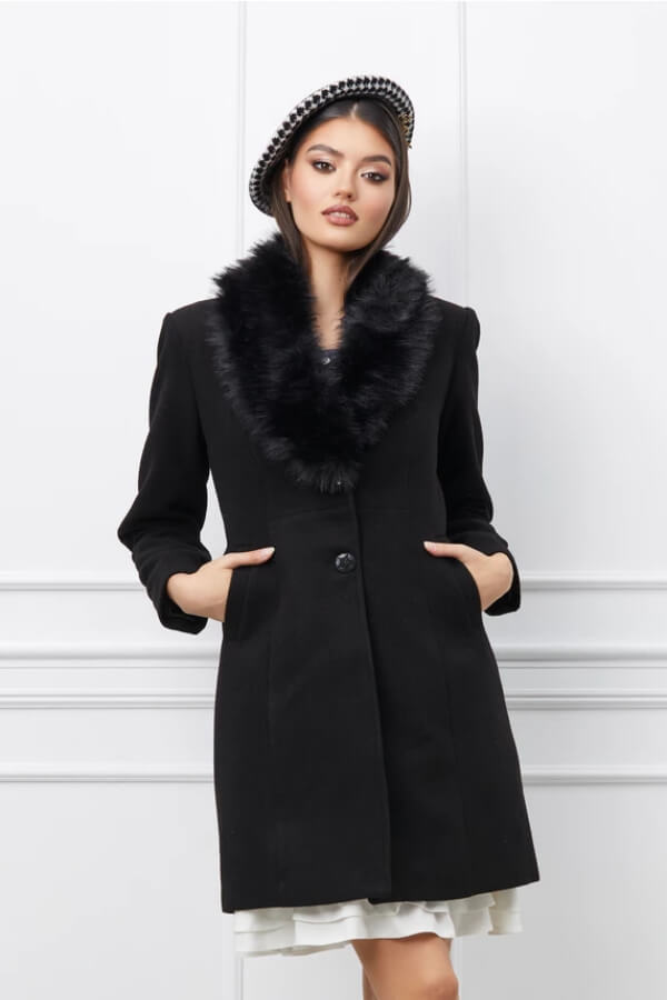 palton de iarna negru cu blana la guler din stofa de calitate