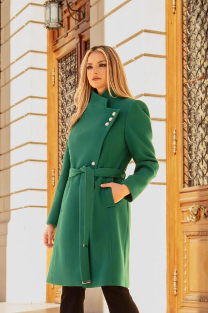 palton din stofa cu lana verde de lungime medie parte peste parte