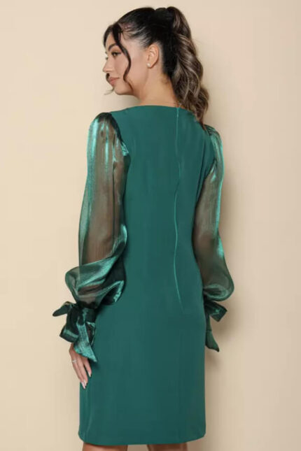 rochie dama verde de ocazie din stofa cu maneci din organza