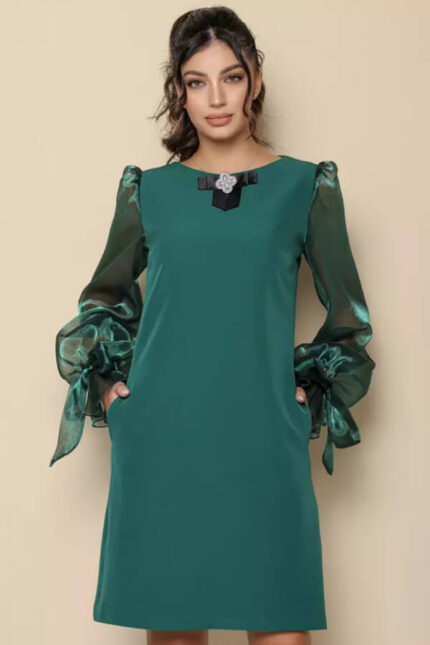 rochie eleganta verde de ocazie din stofa cu maneci din organza