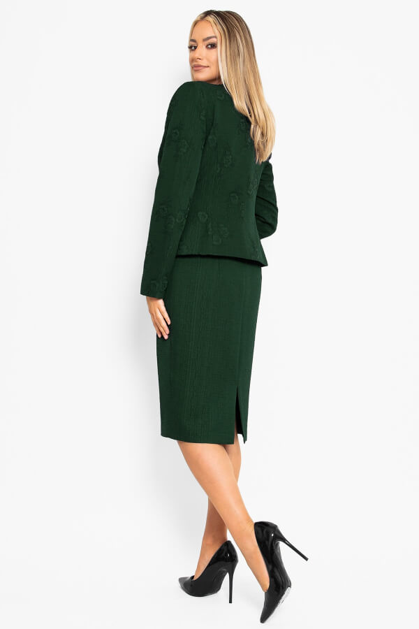 costum office verde din tesatura brocard uni cu rochie midi