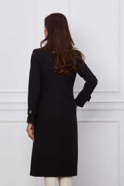 palton femei negru lung de iarna elegant din stofa cu nasturi