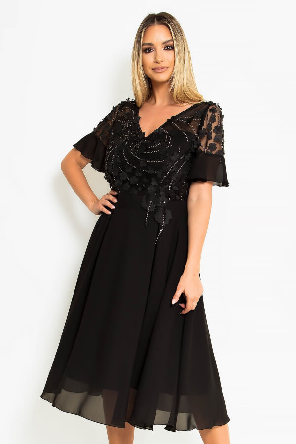 rochie de ocazie din voal negru cu pliuri si dantela florala 3D