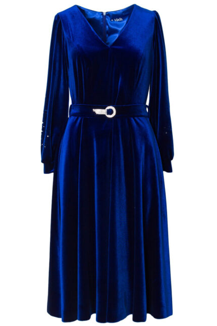 rochie eleganta din catifea albastru royal midi in clos si curea cu accesoriu