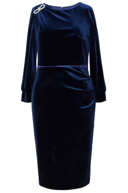 rochie eleganta din catifea bleumarin midi cu aplicatie tip brosa