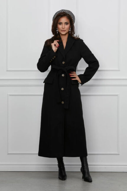 palton dama lung negru elegant din lana