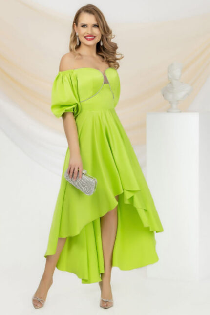 rochie de ocazie asimetrica din satin verde lime cu umeri goi