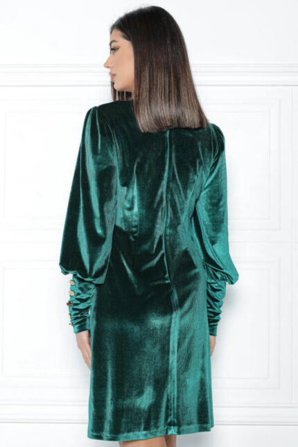 rochie verde de zi din catifea cu nasturi pe maneci si croi drept