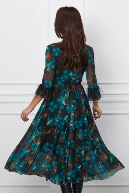 rochie eleganta in clos din voal cu imprimeuri