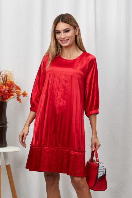 rochie eleganta pentru gravide rosie din satin cu pliuri