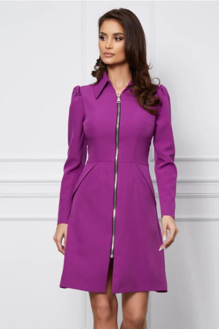 rochie tip sacou office din stofa violet cu fermoar