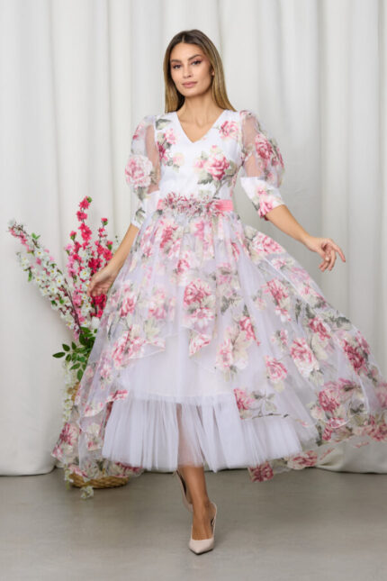 rochie de ocazie din voal imprimeu floral midi asimetrica