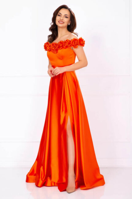 rochie domnisoara de onoare satin lunga orange
