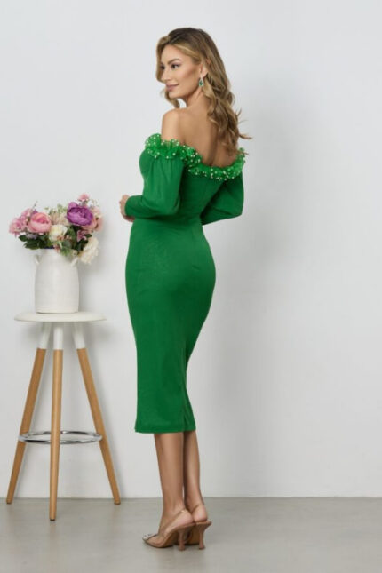 rochie midi verde cu perlute
