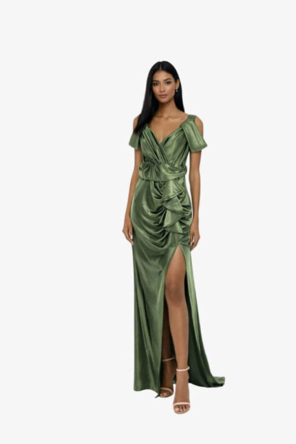 rochie de seara verde eleganta croiala dreapta satin
