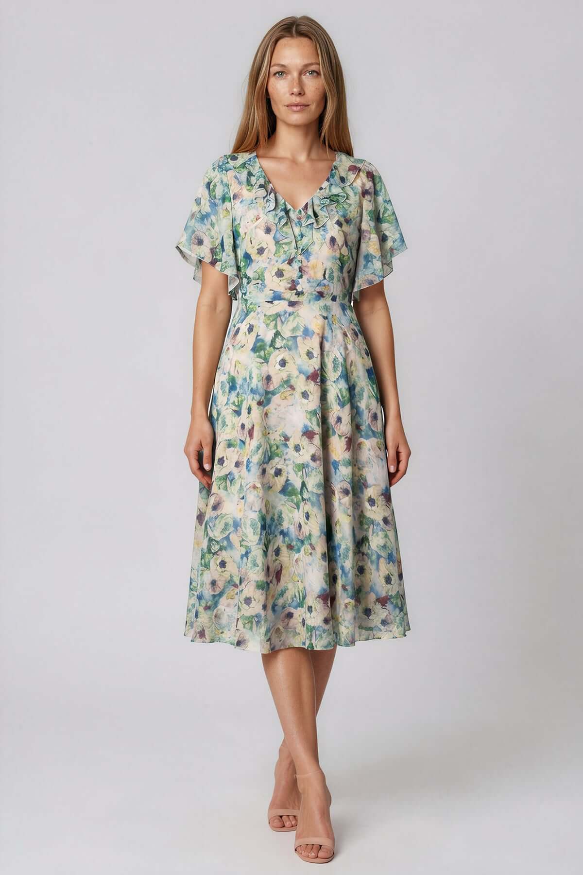 rochie eleganta verde cu flori rochie eleganta verde cu flori