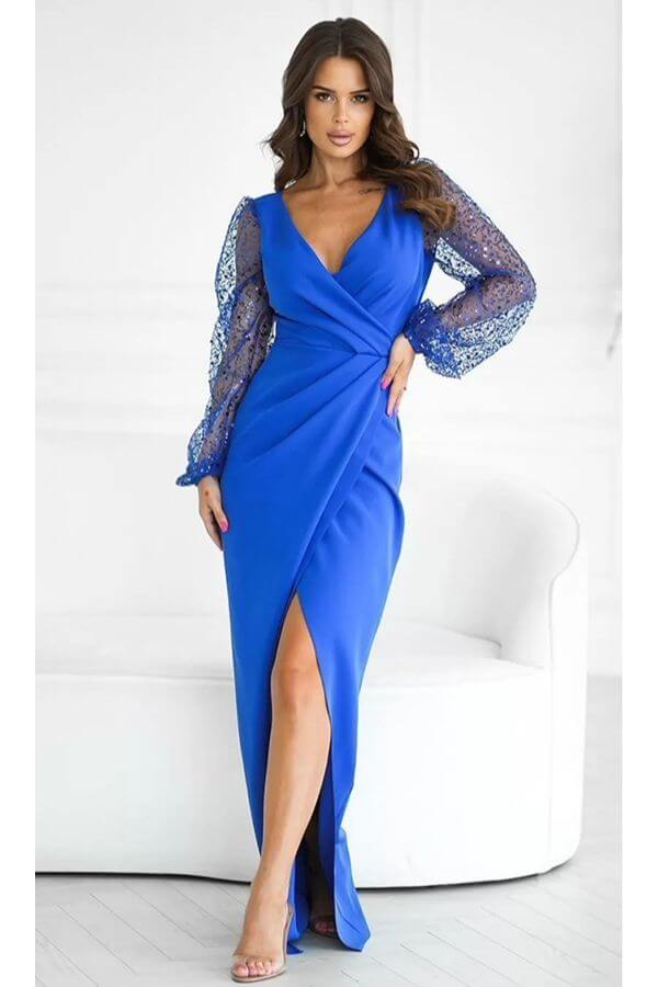 rochie albastra mulata maneca semitransparenta rochie albastra mulata maneca semitransparenta