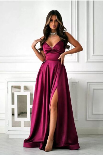 rochie la moda din satin burgundy