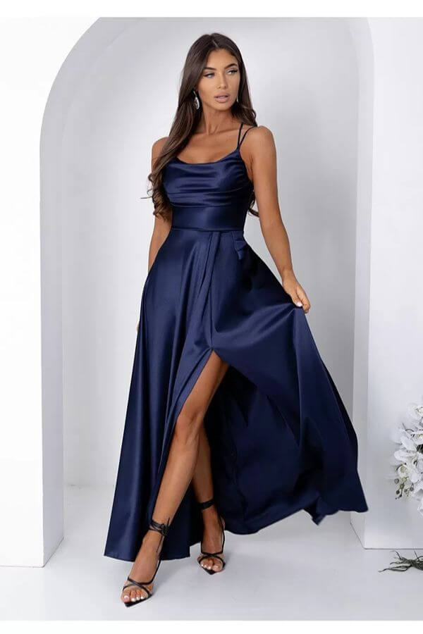 rochie satin bleumarin corset fusta ampla rochie satin bleumarin corset fusta ampla