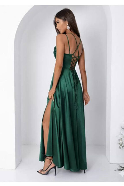 rochie lunga ocazie verde sticla bretele subtiri