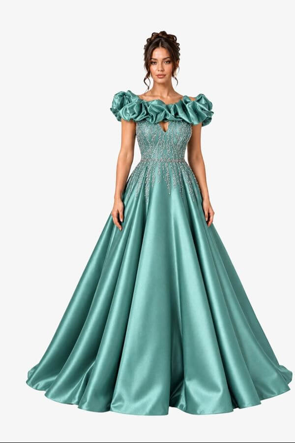 rochie printesa verde satinat cu broderie rochie printesa verde satinat cu broderie
